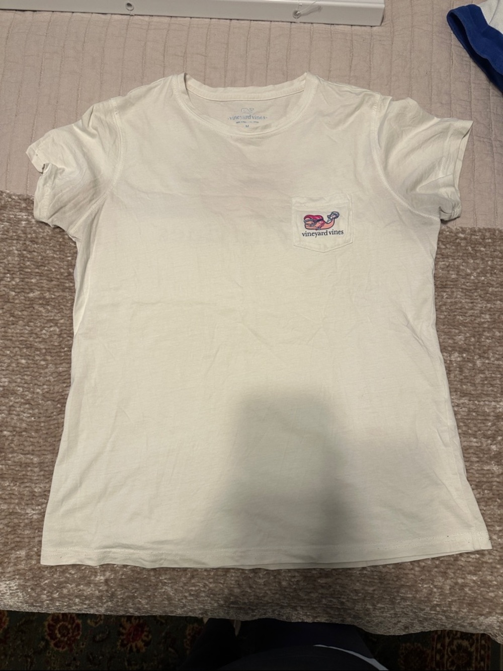 Vineyard Vines Cream Pocket Tee with Pink & Blue Whale Patch